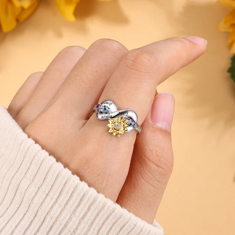 Sunflower Ring Personalized 2 Birthstones Promise Ring for Her