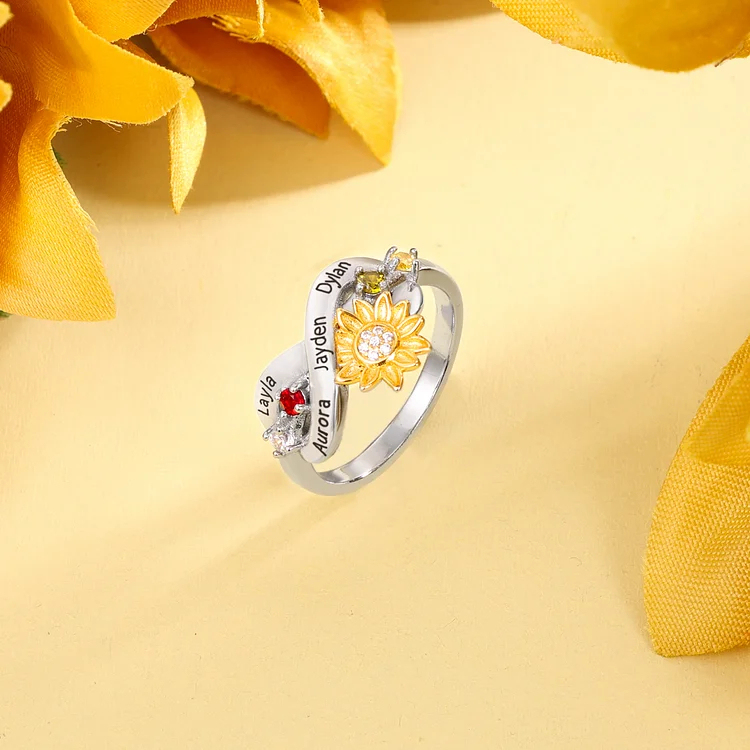 Sunflower Ring Personalized 2 Birthstones Promise Ring for Her