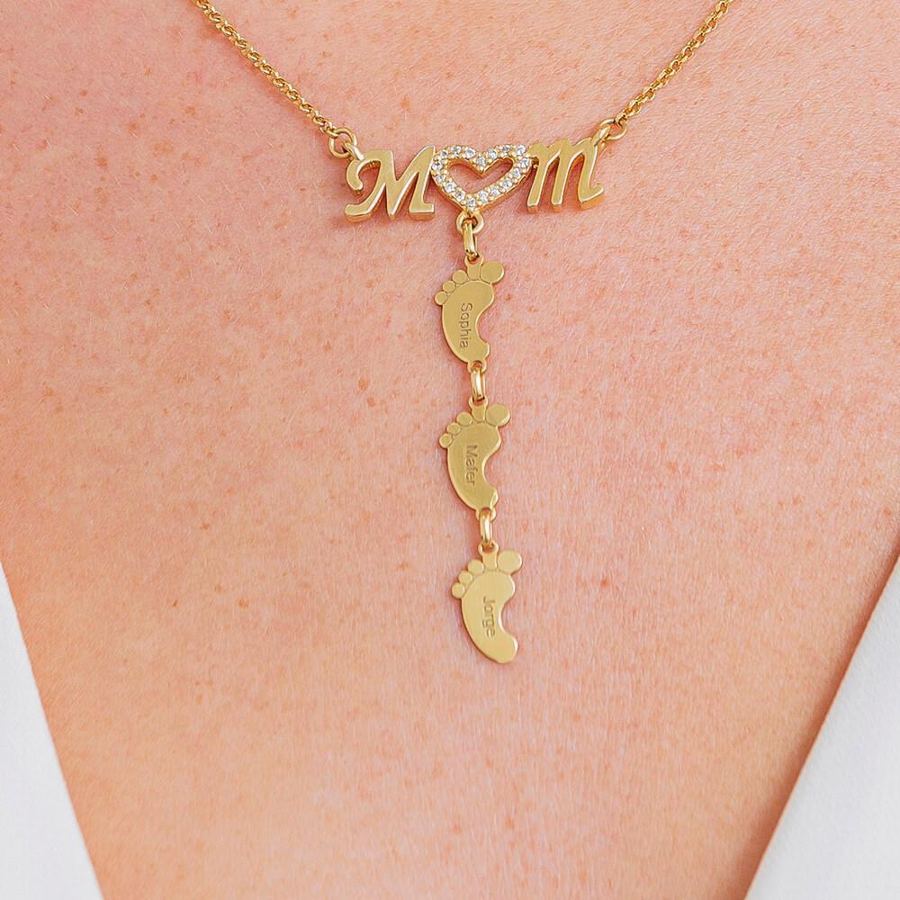 Christmas Gift Personalised Heart Crystal Mom Necklace With Baby Feet