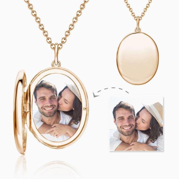 Mother's Day Gift Her Oval Photo Locket Necklace with Engraving Rose Gold Plated-Engravingift