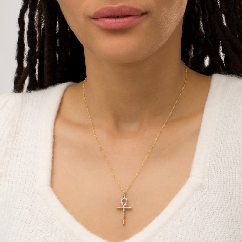 Mother's Day Gift 1/3 CT. T.W. Diamond Ankh Cross Pendant-Engravingift
