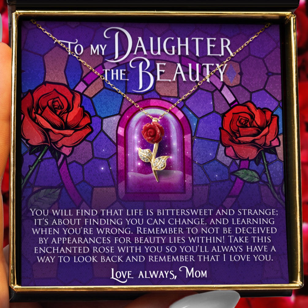 Mother's Day Gift To My Daughter The Beauty (Enchanted Rose Card) - Red Rose Necklace Gift Set-Engravingift