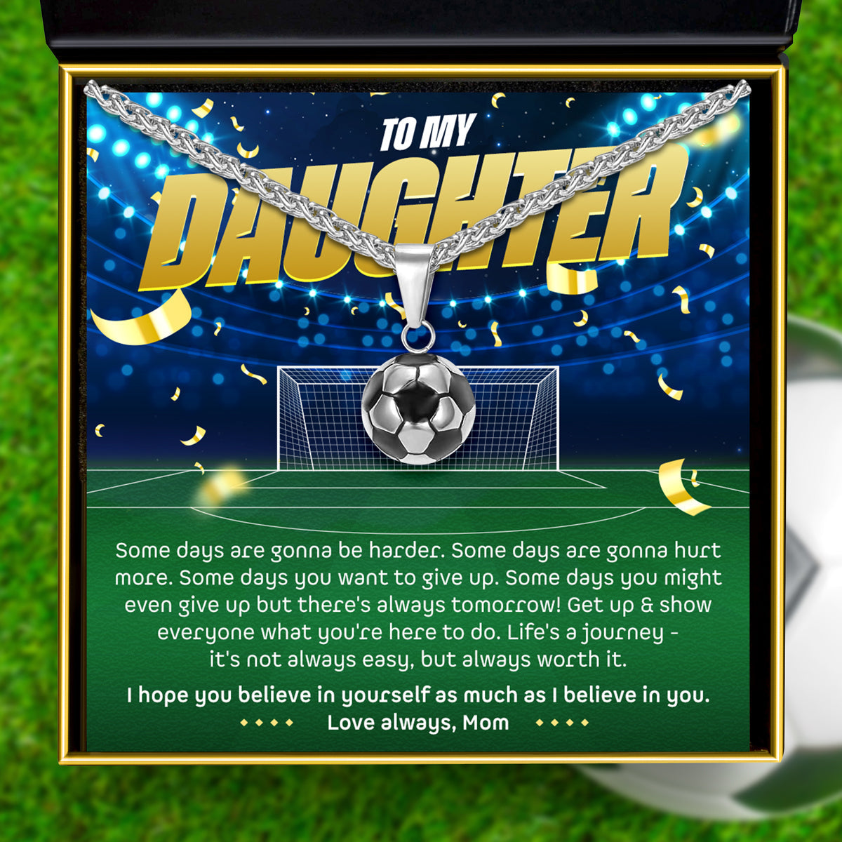Mother's Day Gift To My Daughter, Love Mom (Motivational Sports Card) - Soccer/ Football Necklace Gift Set-Engravingift