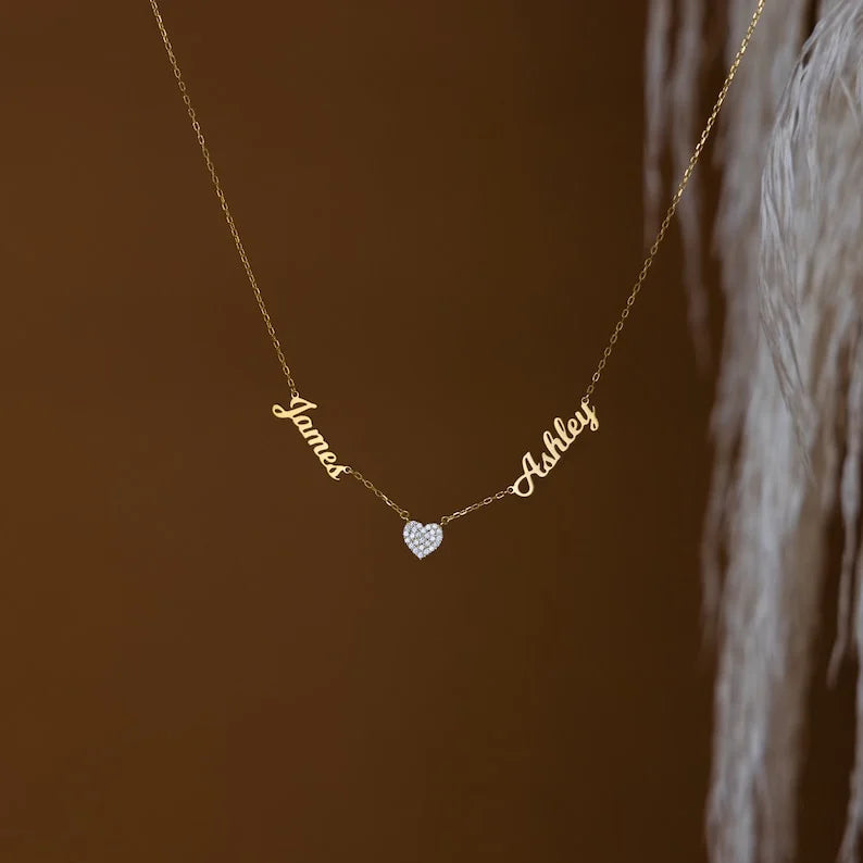 Christmas Gift Custom Name & Pave Heart Charm Necklace