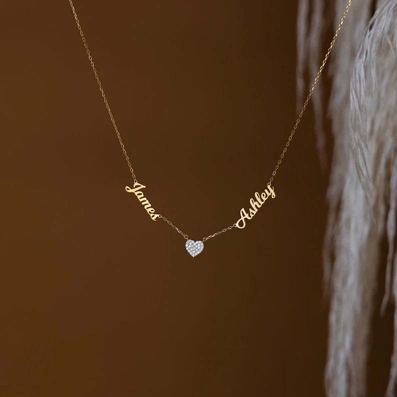 Christmas Gift Custom Name & Pave Heart Charm Necklace