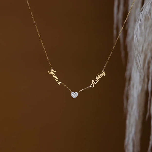 Christmas Gift Custom Name & Pave Heart Charm Necklace