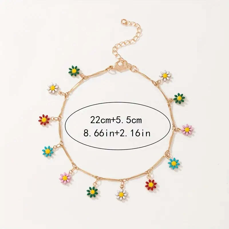 Mother's Day Colorful Oil Flower Tassel Pendant Single-layer Anklet Boho Style Ankle Bracelet-Engravingift