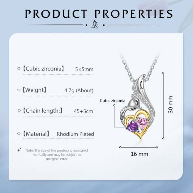 Mother's Day Gift Custom Heart Fox Pendant Necklace with 2 Birthstones Animal Necklace for Girls-Engravingift