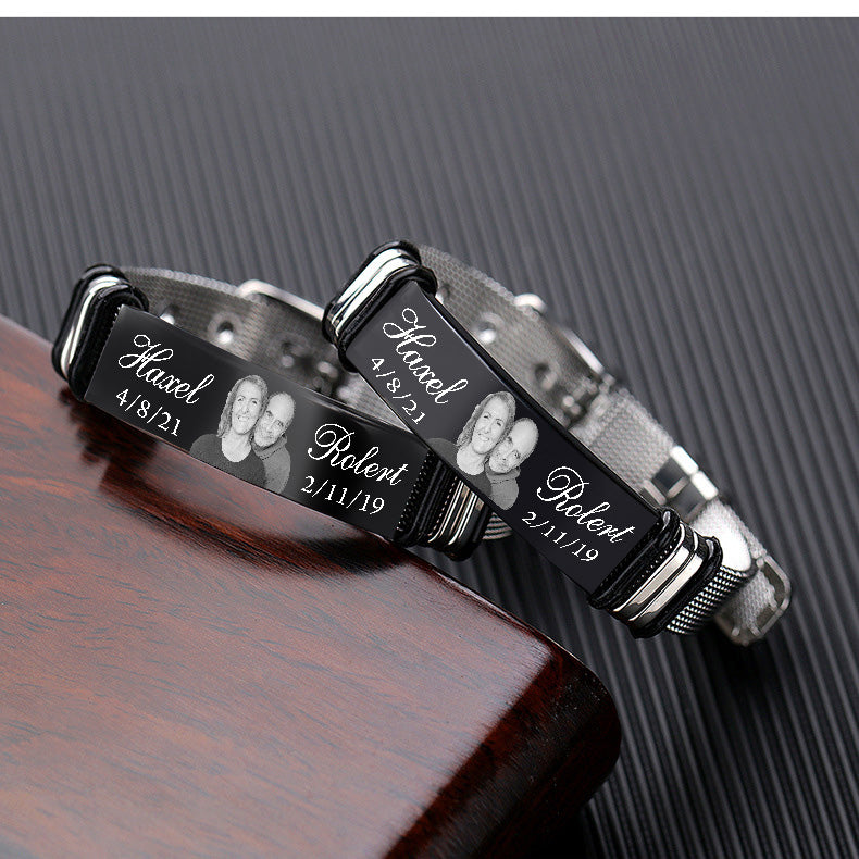 Christmas Gift Personalized Photo Bracelet Engraved Names and Dates ID Bar Bracelet for Men Women
