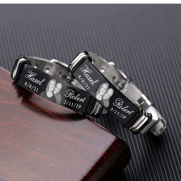 Christmas Gift Personalized Photo Bracelet Engraved Names and Dates ID Bar Bracelet for Men Women