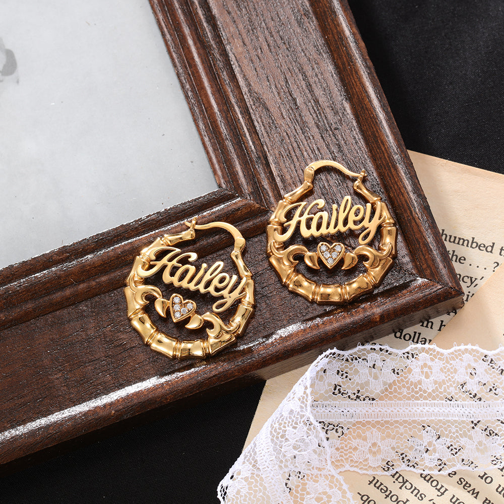 Mother's Day Gift Personalized Name Earrings Custom Bamboo Hoop Earrings for Women-Engravingift