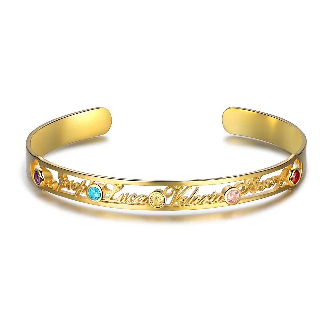 Personalized Name Bangle Bracelet Custom 4 Names and 5 Birthstones Bra