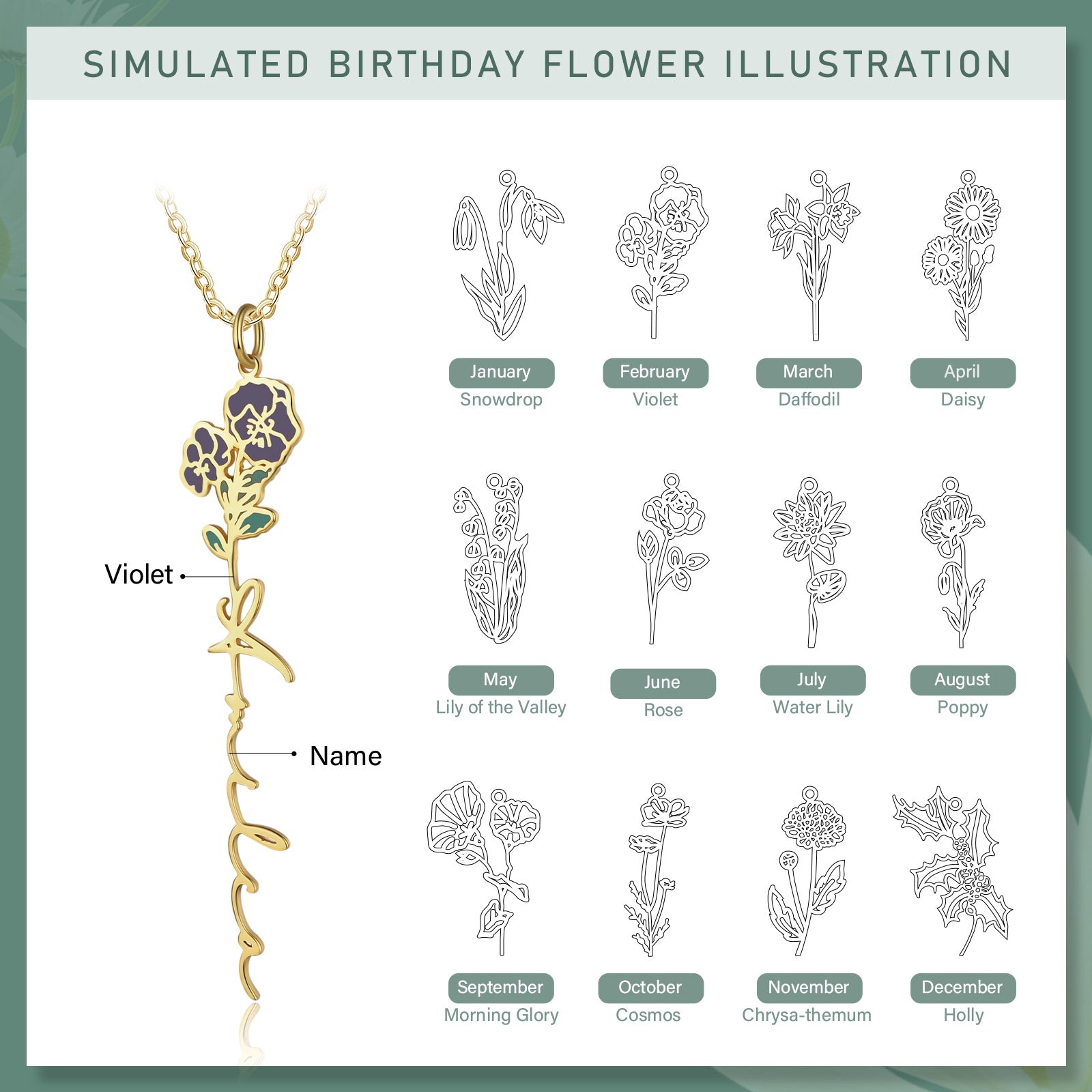 Mother's Day Gift Violet Name Necklace Custom February Birth Flower Necklace for Her-Engravingift