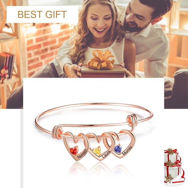 Mother's Day Gift Heart Pendants Bangle Bracelet with 3 Names and Birthstones Gifts for Mom-Engravingift