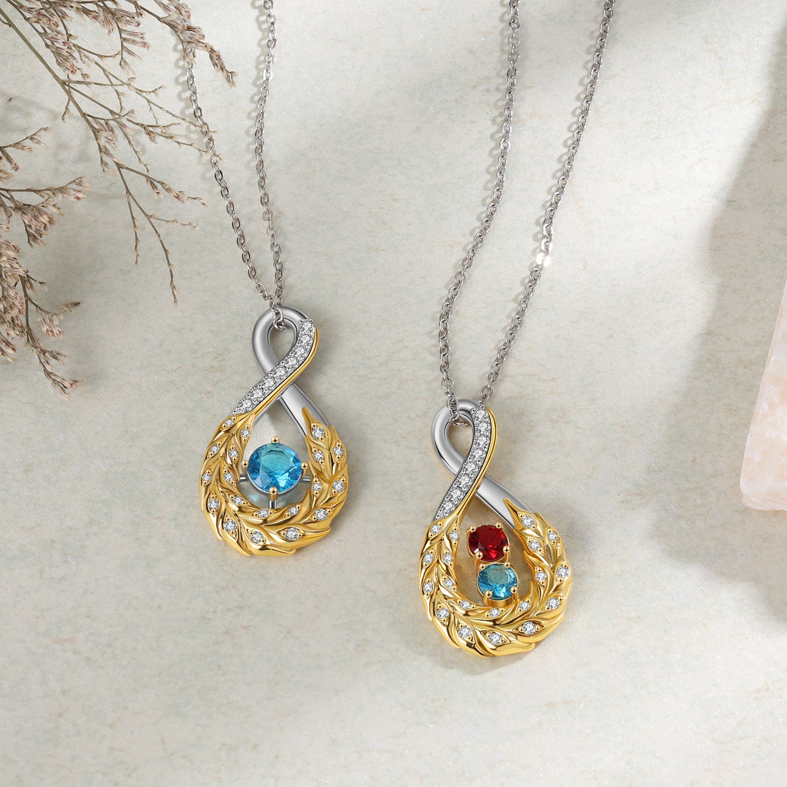 Mother's Day Feather Inifinity Necklace with 1 Birthstone Birthday Anniversary Gift for Mother Wife-Engravingift