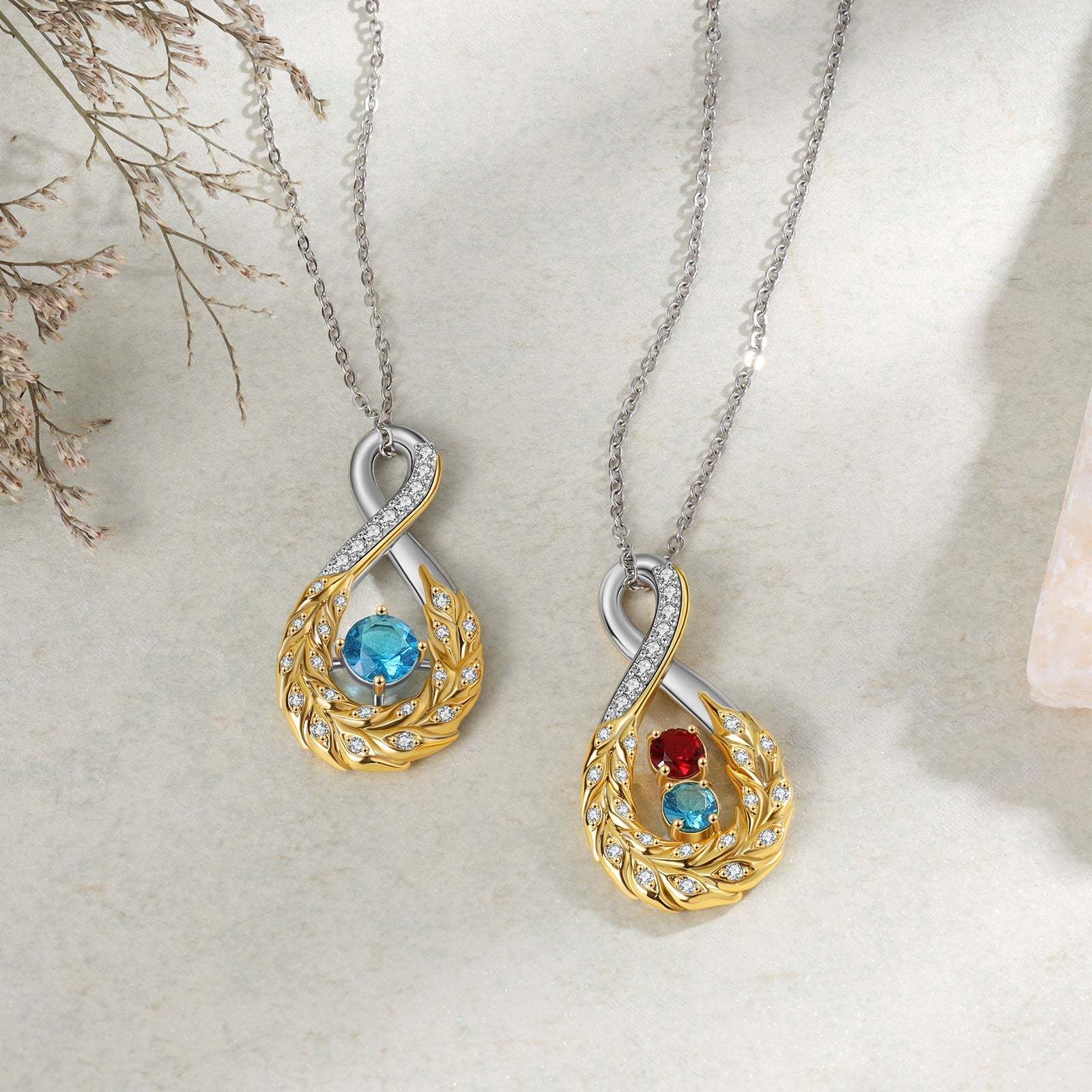 Mother's Day Feather Inifinity Necklace with 1 Birthstone Birthday Anniversary Gift for Mother Wife-Engravingift