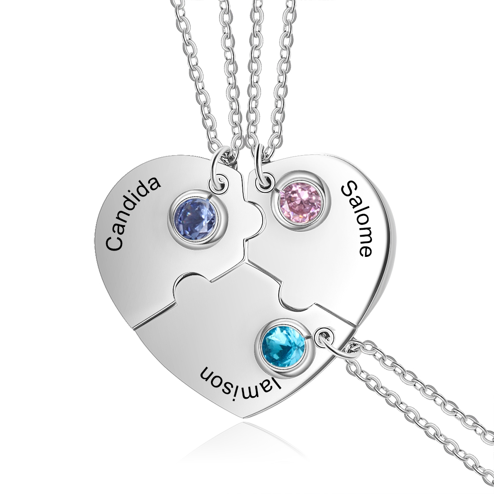 Personalized Heart Puzzle Necklace Custom Birthstones Family Necklace
