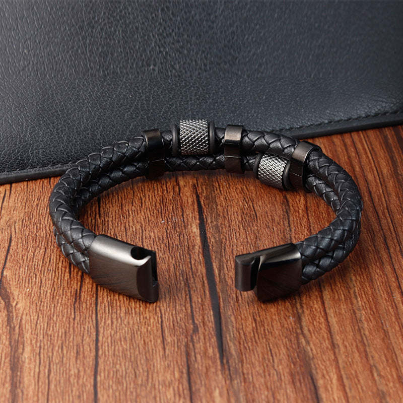 Father's Day Gift Men Braided Leather Bracelets Layered Beads Bracelets with Magnetic Clasp Gifts for Him-Engravingift