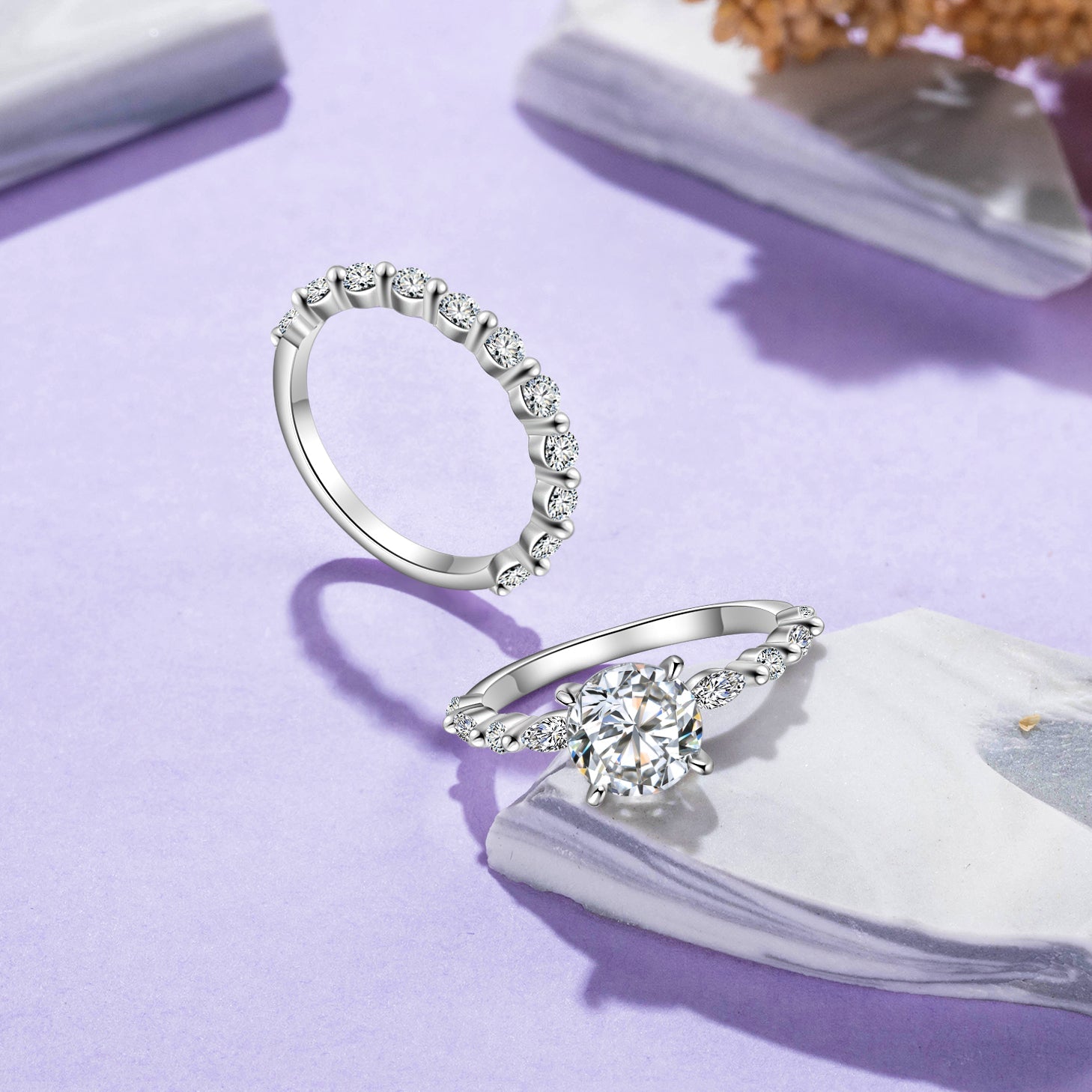 Mother's Day Gift Round Cut Moissanite Diamond Ring Engagement Ring Set-Engravingift