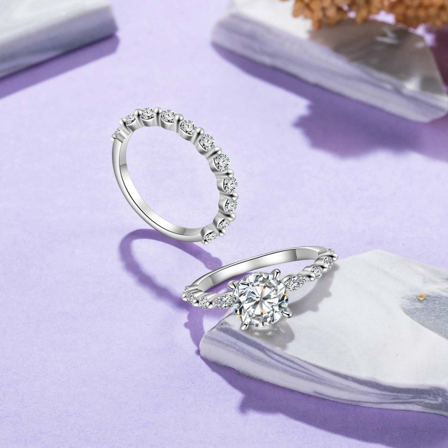 Mother's Day Gift Round Cut Moissanite Diamond Ring Engagement Ring Set-Engravingift