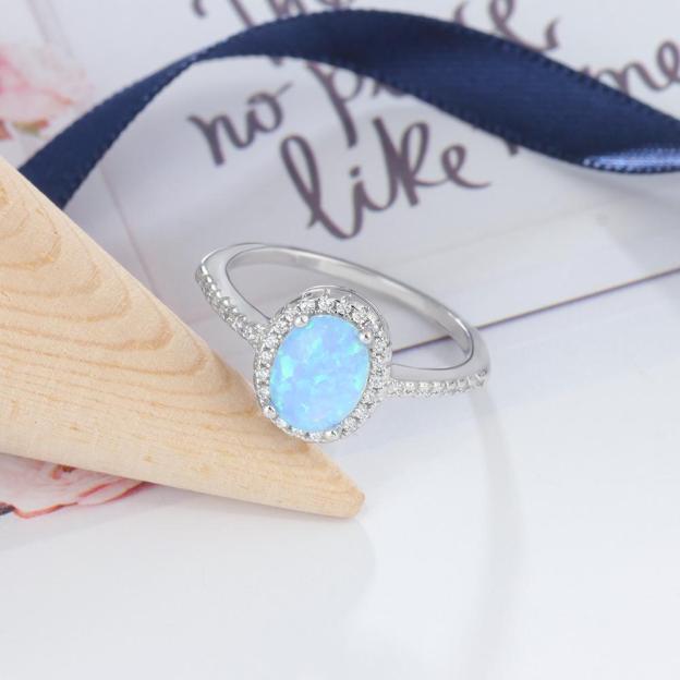 Mother's Day Gift Promise Ring Sterling Silver Ring with Blue Simulated Opal-Engravingift