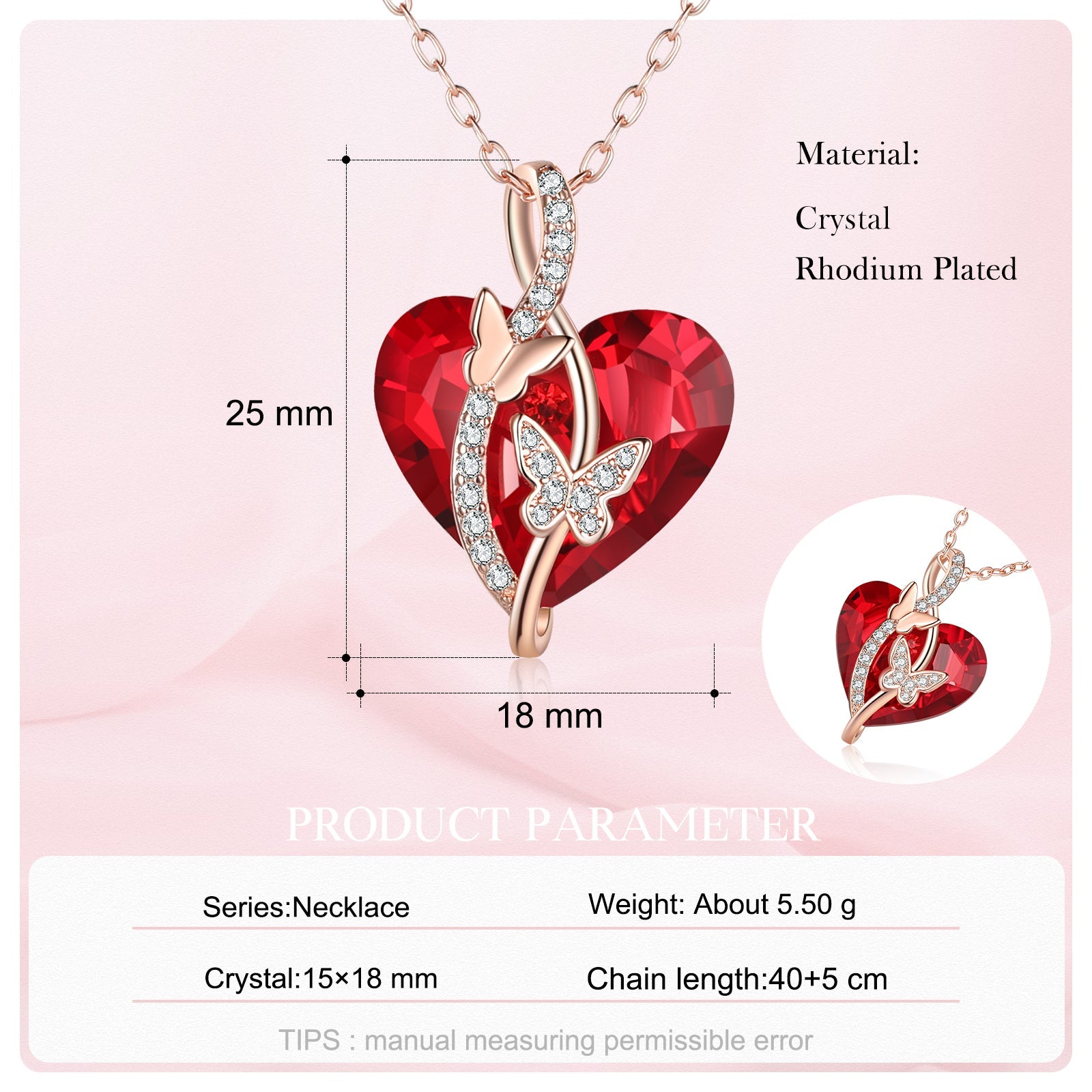 Christmas Gift Heart Red Crystal Necklace Butterfly Ruby Necklace for Her