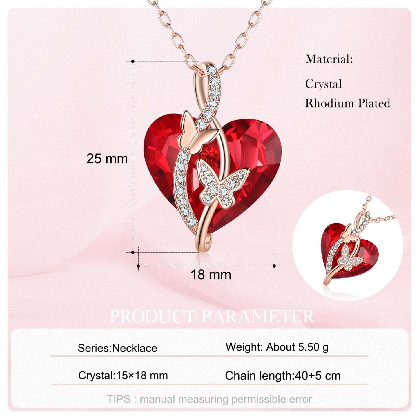 Christmas Gift Heart Red Crystal Necklace Butterfly Ruby Necklace for Her