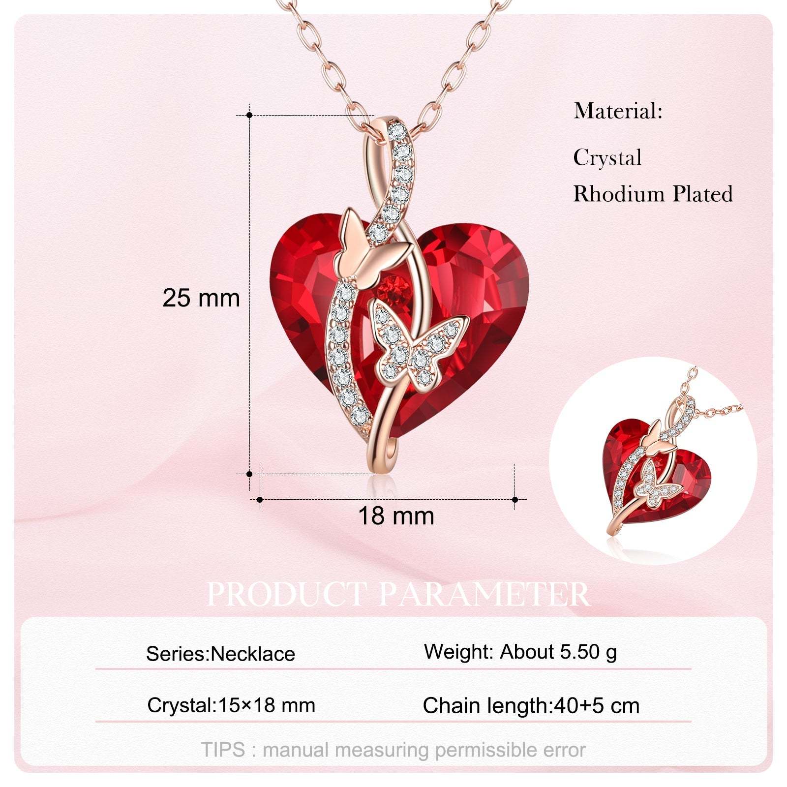 Christmas Gift Heart Red Crystal Necklace Butterfly Ruby Necklace for Her