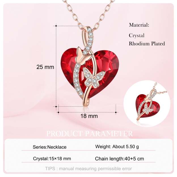 Christmas Gift Heart Red Crystal Necklace Butterfly Ruby Necklace for Her