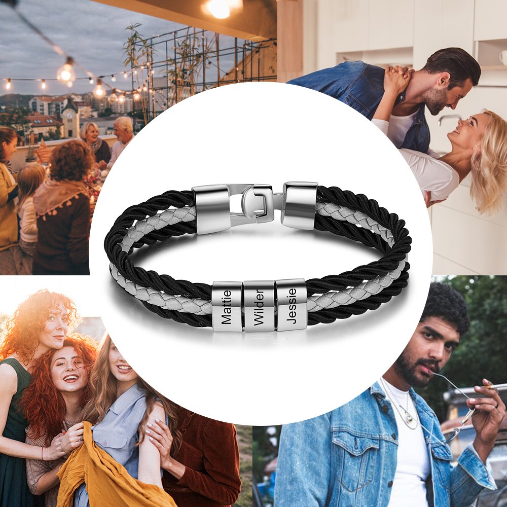 Father's Day Gift Mens Leather Bracelet Braided Layered Leather with Bead, mens custom necklace braided leather bracelet with names-Engravingift