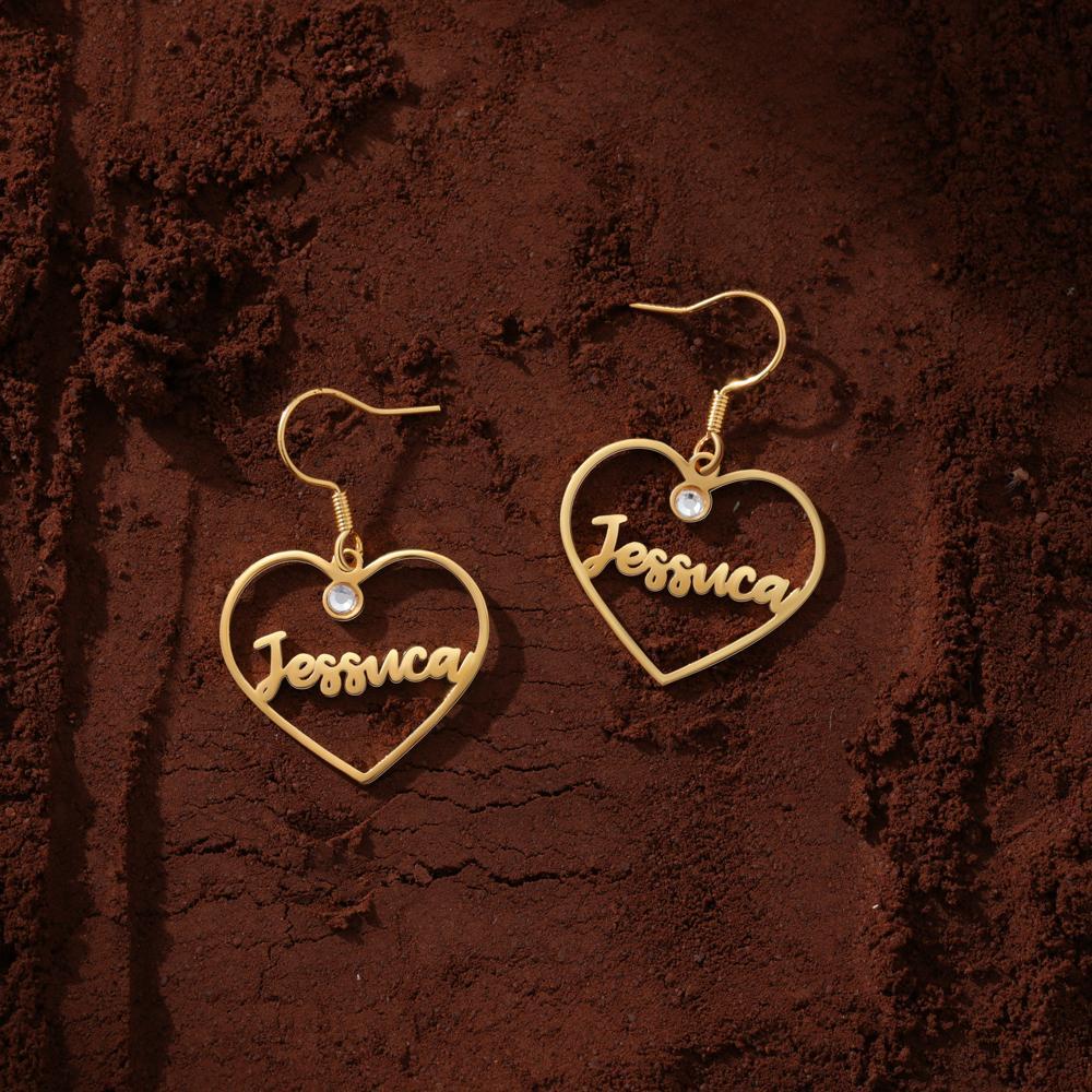 Mother's Day Gift Heart Personalized Name Earrings Custom Drop Earrings With Birthstone-Engravingift