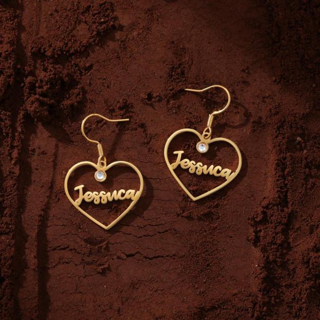 Mother's Day Gift Heart Personalized Name Earrings Custom Drop Earrings With Birthstone-Engravingift