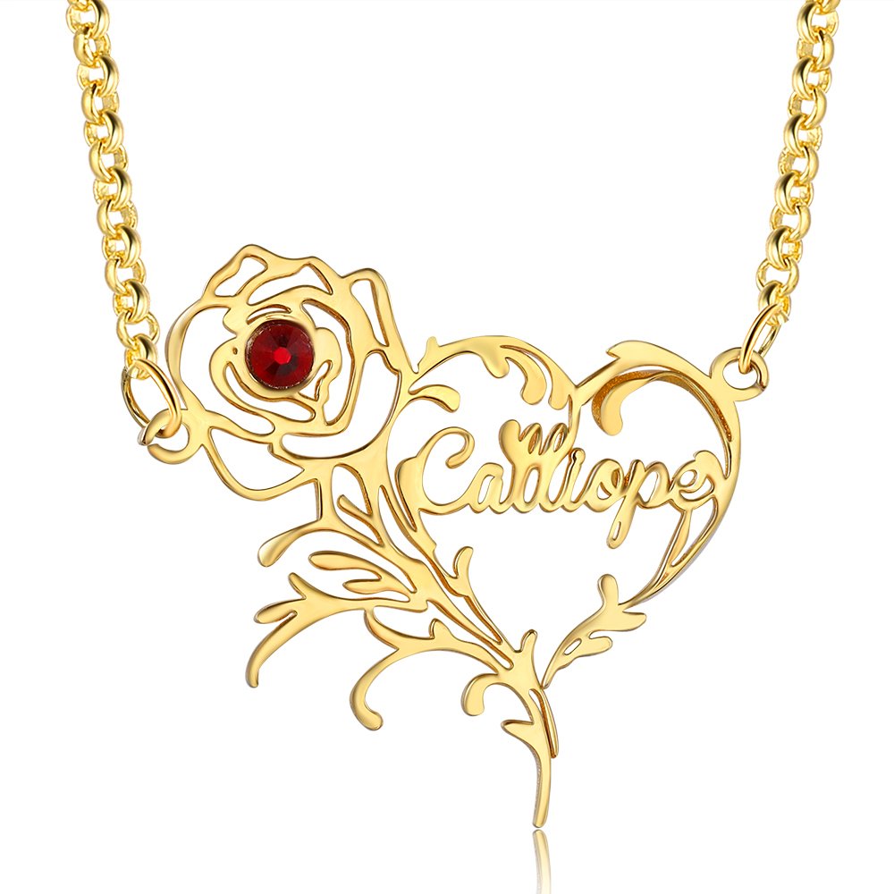 Mother's Day Gift Name Necklace Rose With Birthstone Heart Shape Personalized Name Necklaces-Engravingift