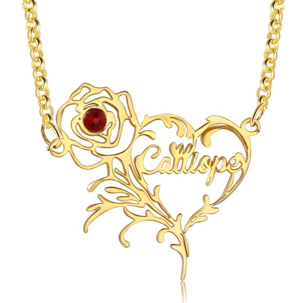 Mother's Day Gift Name Necklace Rose With Birthstone Heart Shape Personalized Name Necklaces-Engravingift