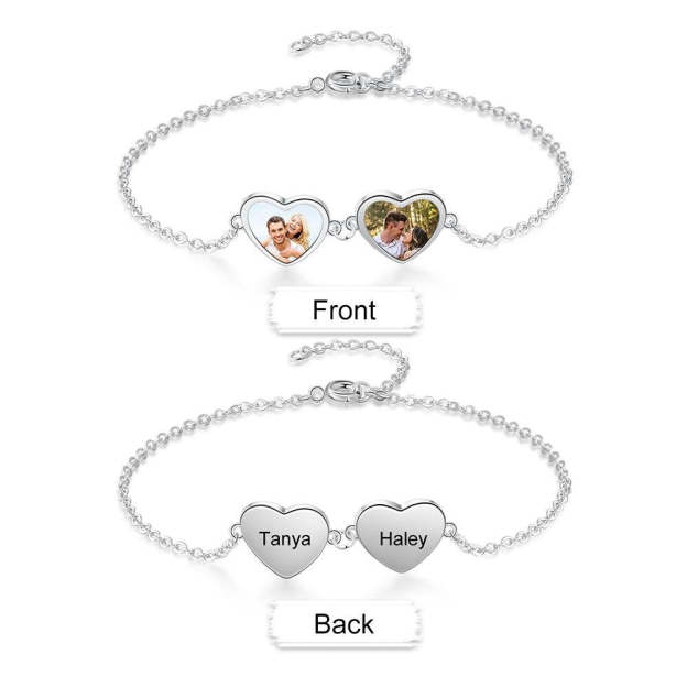 Christmas Gift Personalized Photo Bracelet With Two Heart Pendant Engraved 2 Names