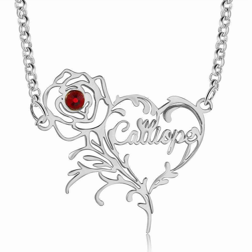 Mother's Day Gift Name Necklace Rose With Birthstone Heart Shape Personalized Name Necklaces-Engravingift