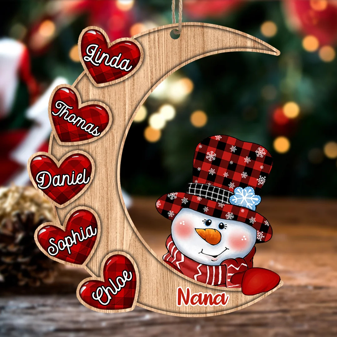 Christmas Gift Personalized Wooden Snowman Ornament Custom Names Moon Christmas Ornaments Gift for Family-Engravingift