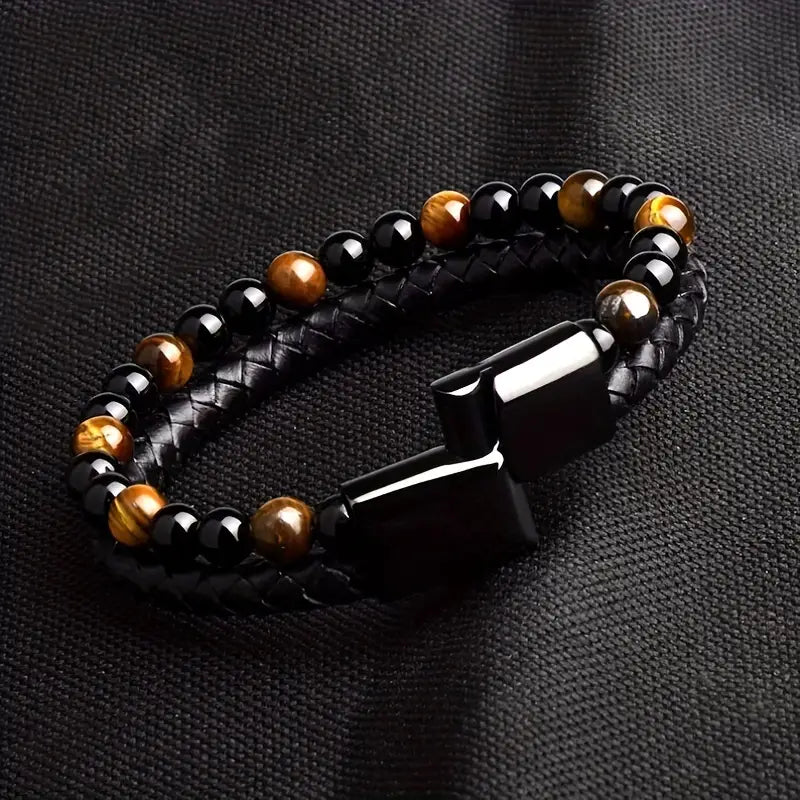 Father's Day Gift Fashion Double Layer Leather Handmade Braided Bracelet Natural Tiger Eye Stone Beaded Bangle-Engravingift