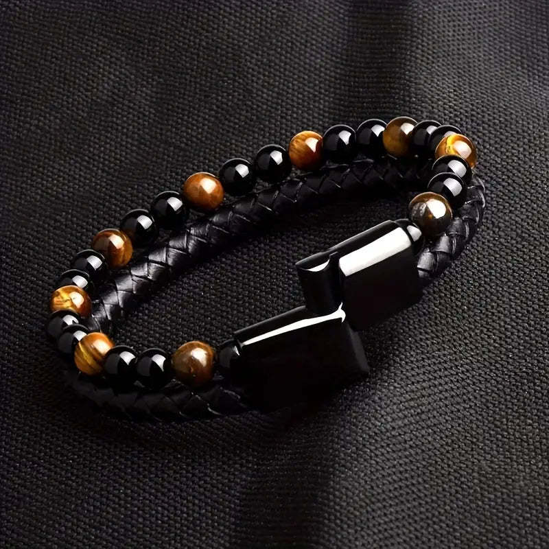 Father's Day Gift Fashion Double Layer Leather Handmade Braided Bracelet Natural Tiger Eye Stone Beaded Bangle-Engravingift