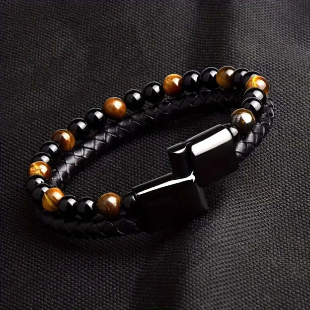 Father's Day Gift Fashion Double Layer Leather Handmade Braided Bracelet Natural Tiger Eye Stone Beaded Bangle-Engravingift