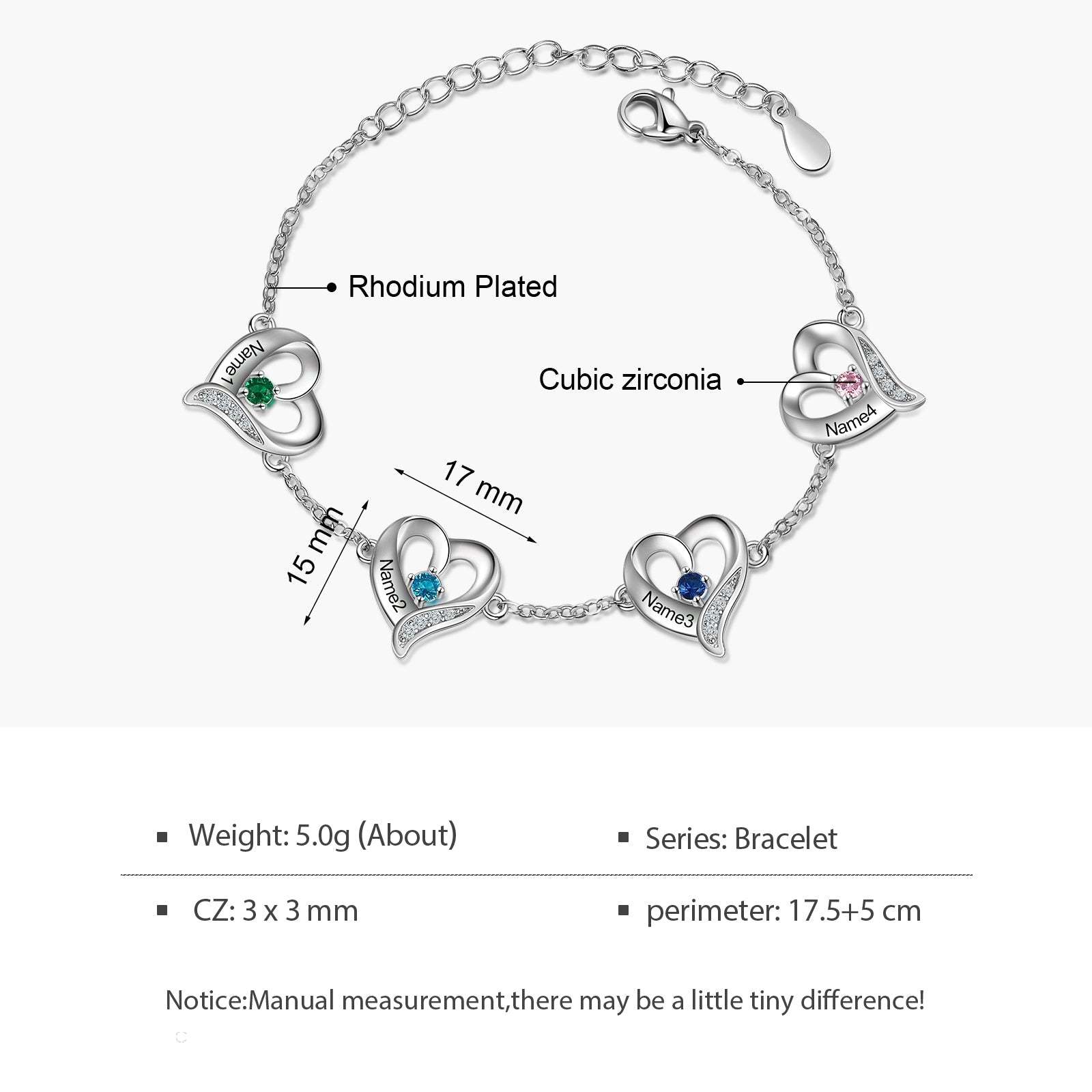 Mother's Day Gift Personalized Heart Charm Bracelet Custom 4 Birthstones Bracelet for Her-Engravingift