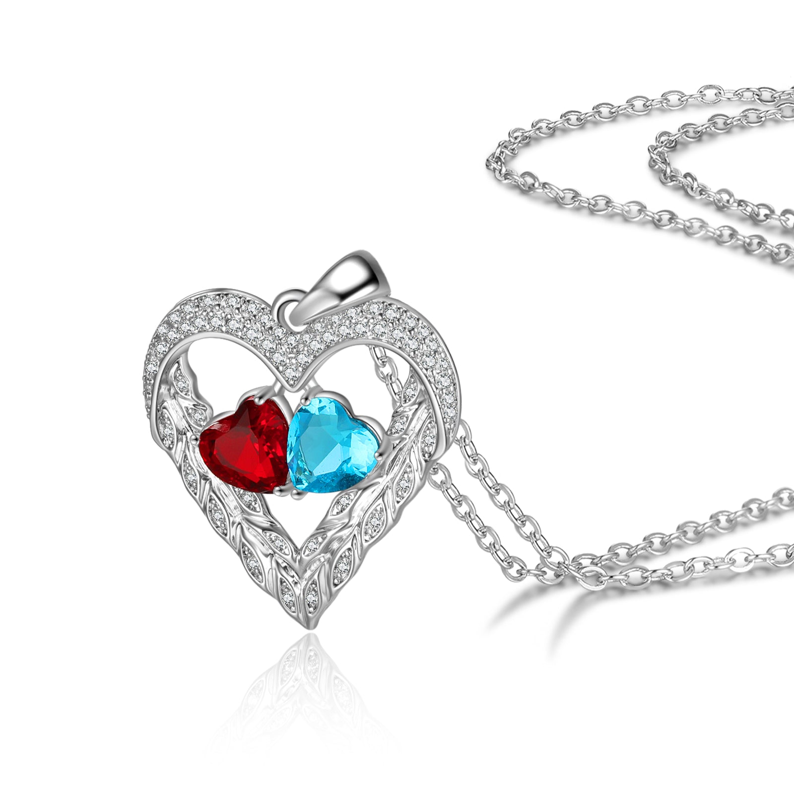 Mother's Day Gift Heart Feather Necklace with 2 Birthstones Birthday Gift for Women-Engravingift