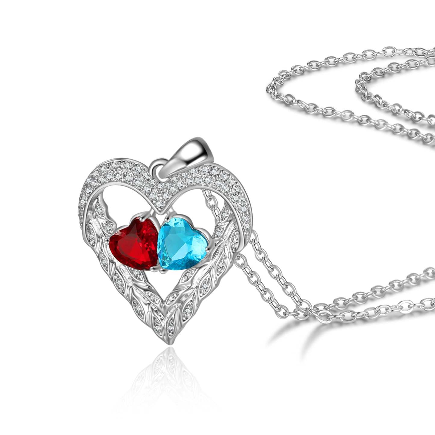 Mother's Day Gift Heart Feather Necklace with 2 Birthstones Birthday Gift for Women-Engravingift