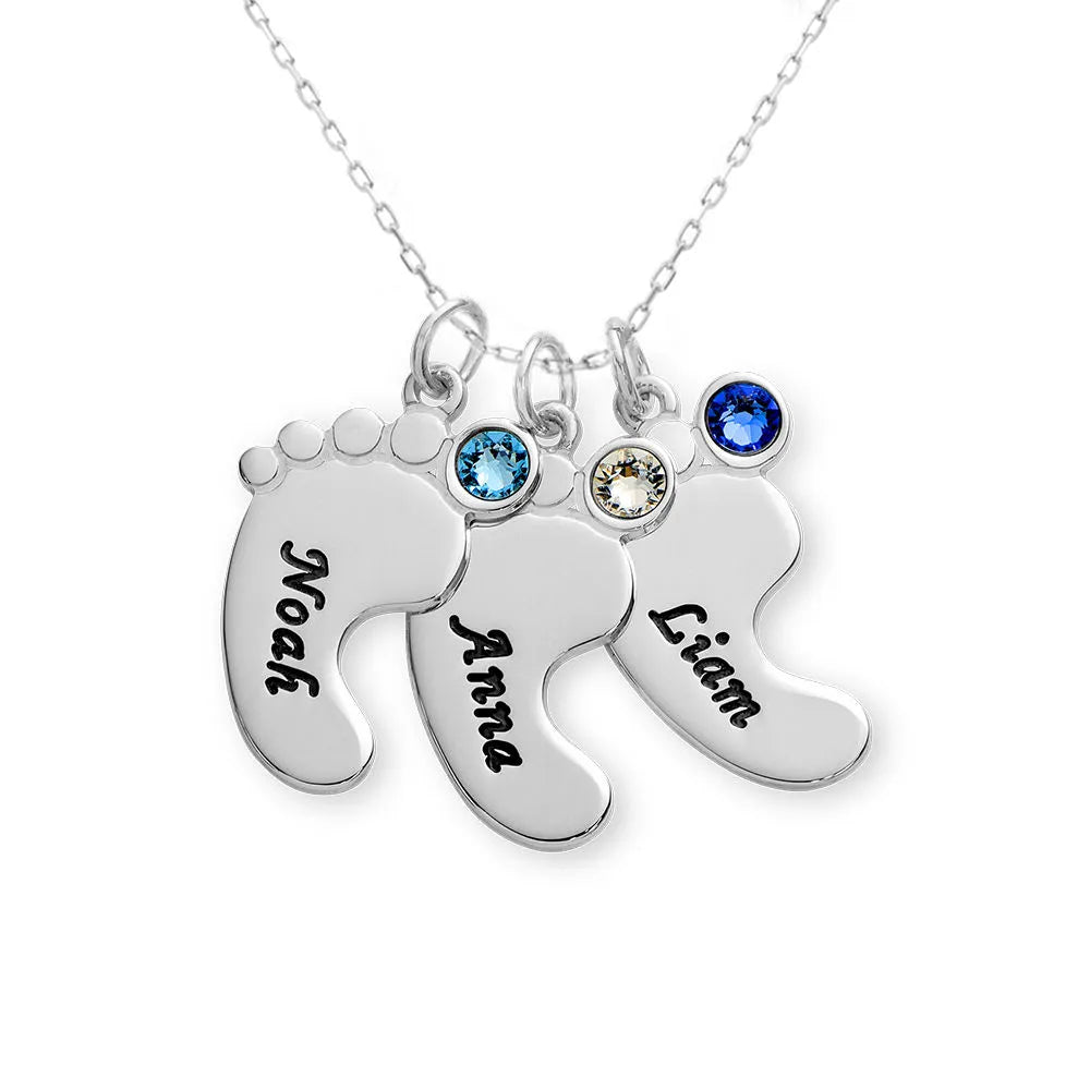 Mother's Day Gift Custom Name Birthstone Baby Feet Charm Necklace
