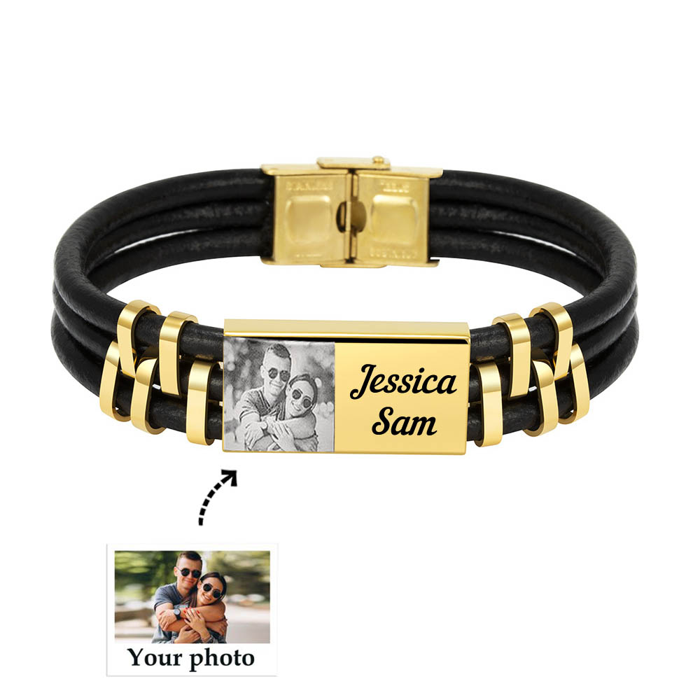 Christmas Gift Personalized Photo Bracelet in Gold ID Bar Leather Bracelet Father's Day Gift