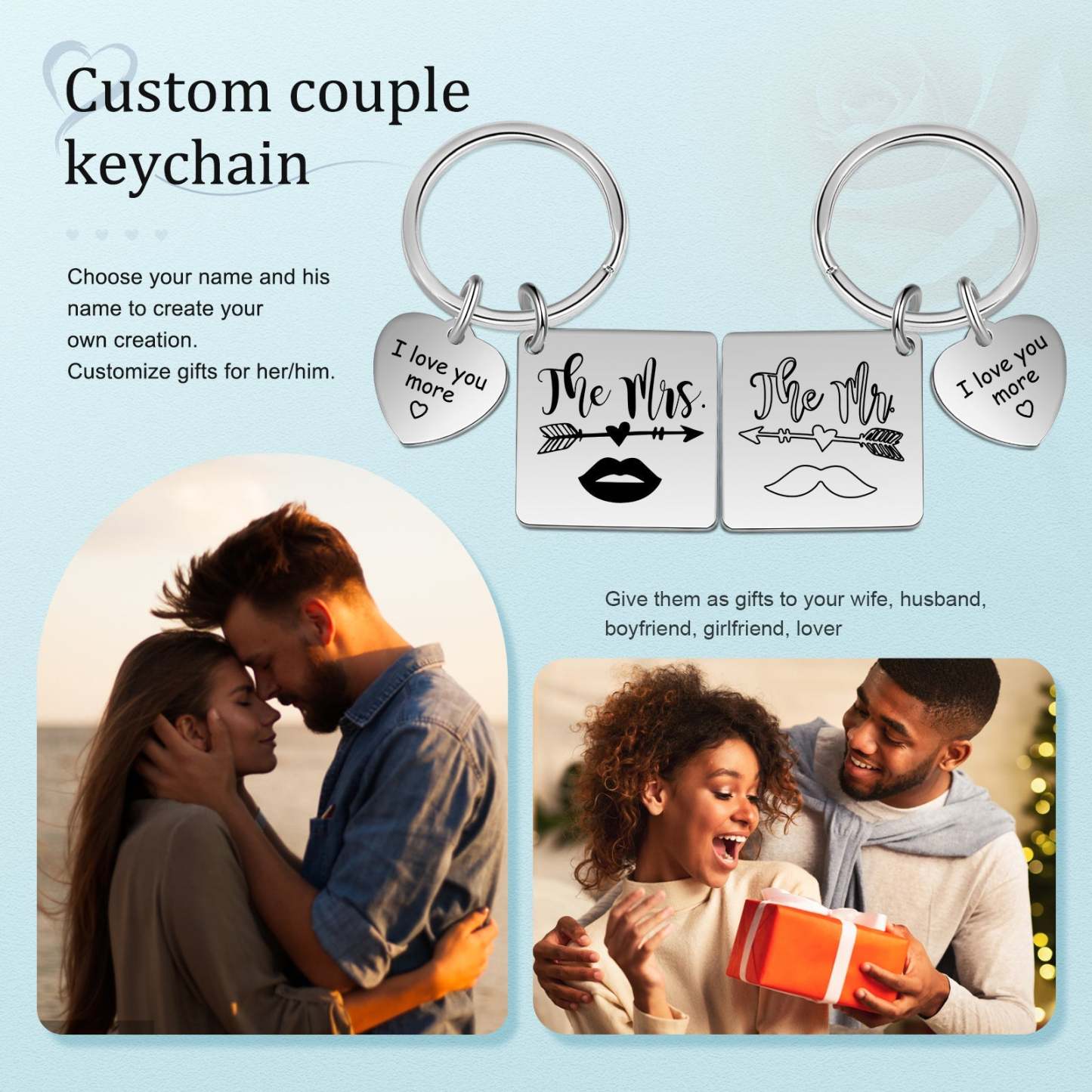 Mother's Day Gift Customized Photo Couple Keychain Set Engrave Heart Matching Couple Gifts-Engravingift