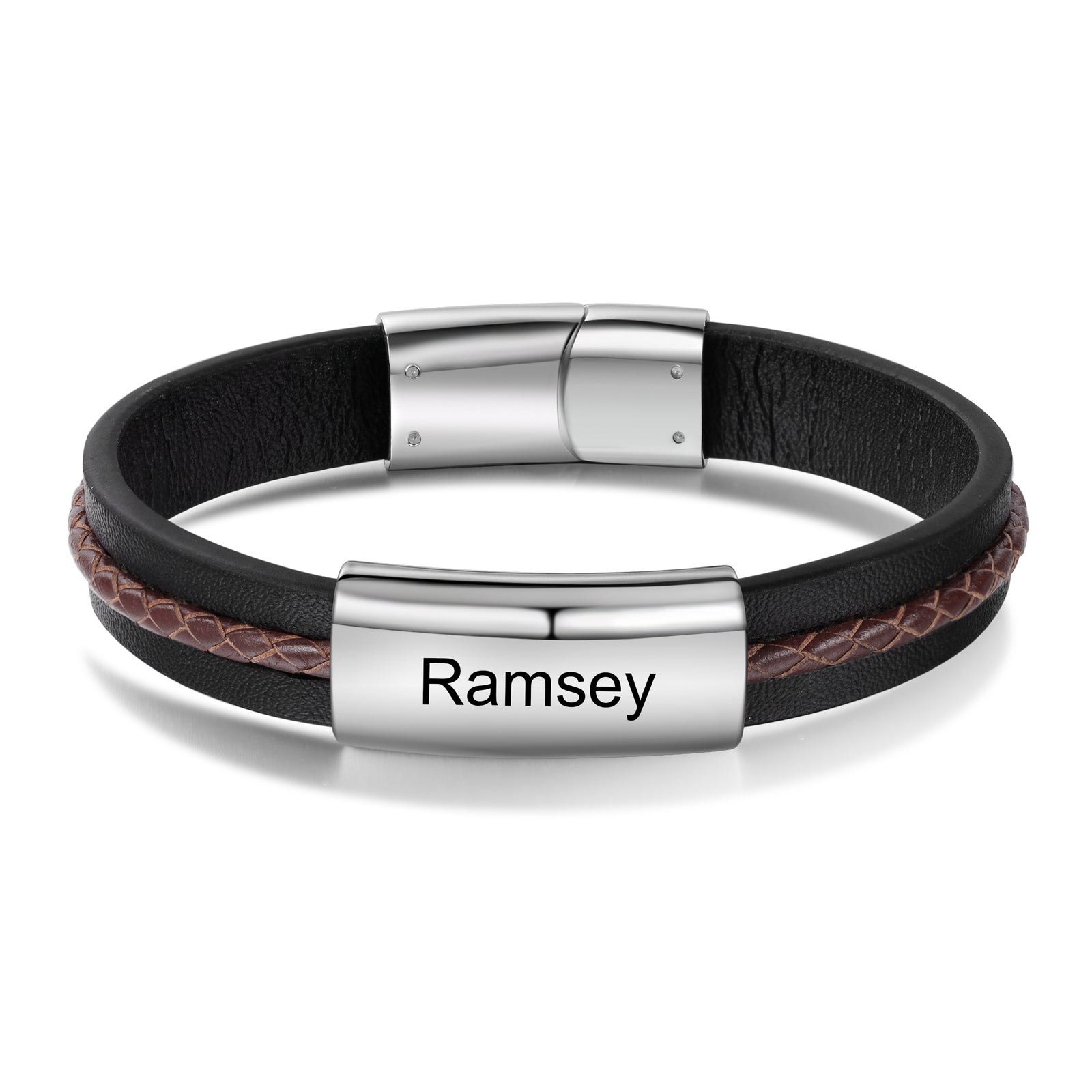 Christmas Gift Men Leather Bracelet Personalized Name ID Bar Bracelet for Him