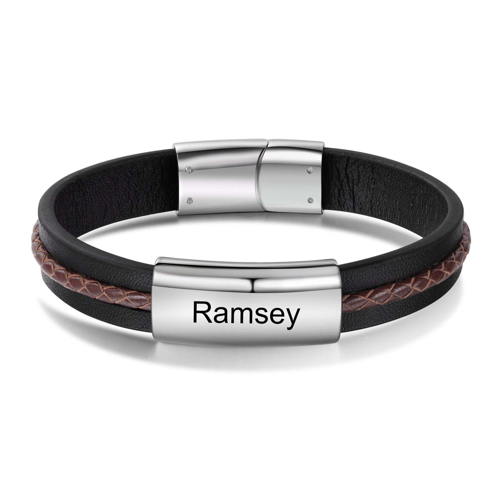 Christmas Gift Men Leather Bracelet Personalized Name ID Bar Bracelet for Him