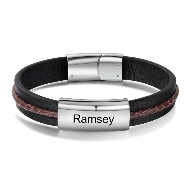 Christmas Gift Men Leather Bracelet Personalized Name ID Bar Bracelet for Him