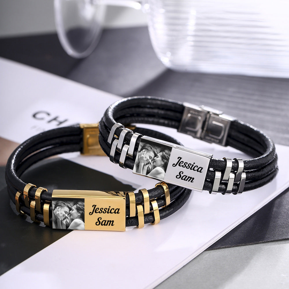 Christmas Gift Personalized Photo Bracelet in Gold ID Bar Leather Bracelet Father's Day Gift